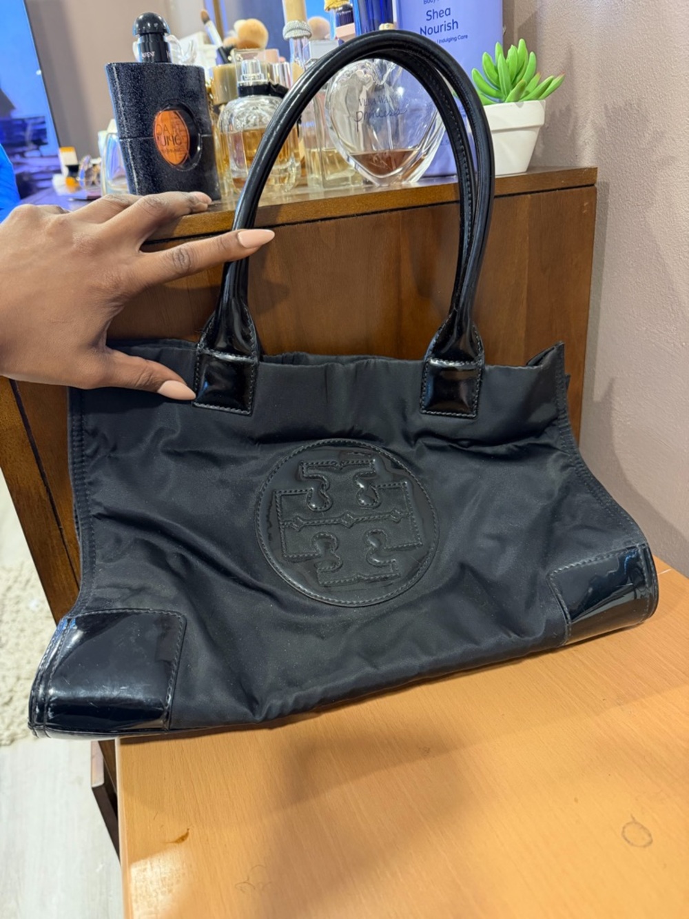 Tory Burch Black Nylon Tote with Patent Trim and Logo Medallion
